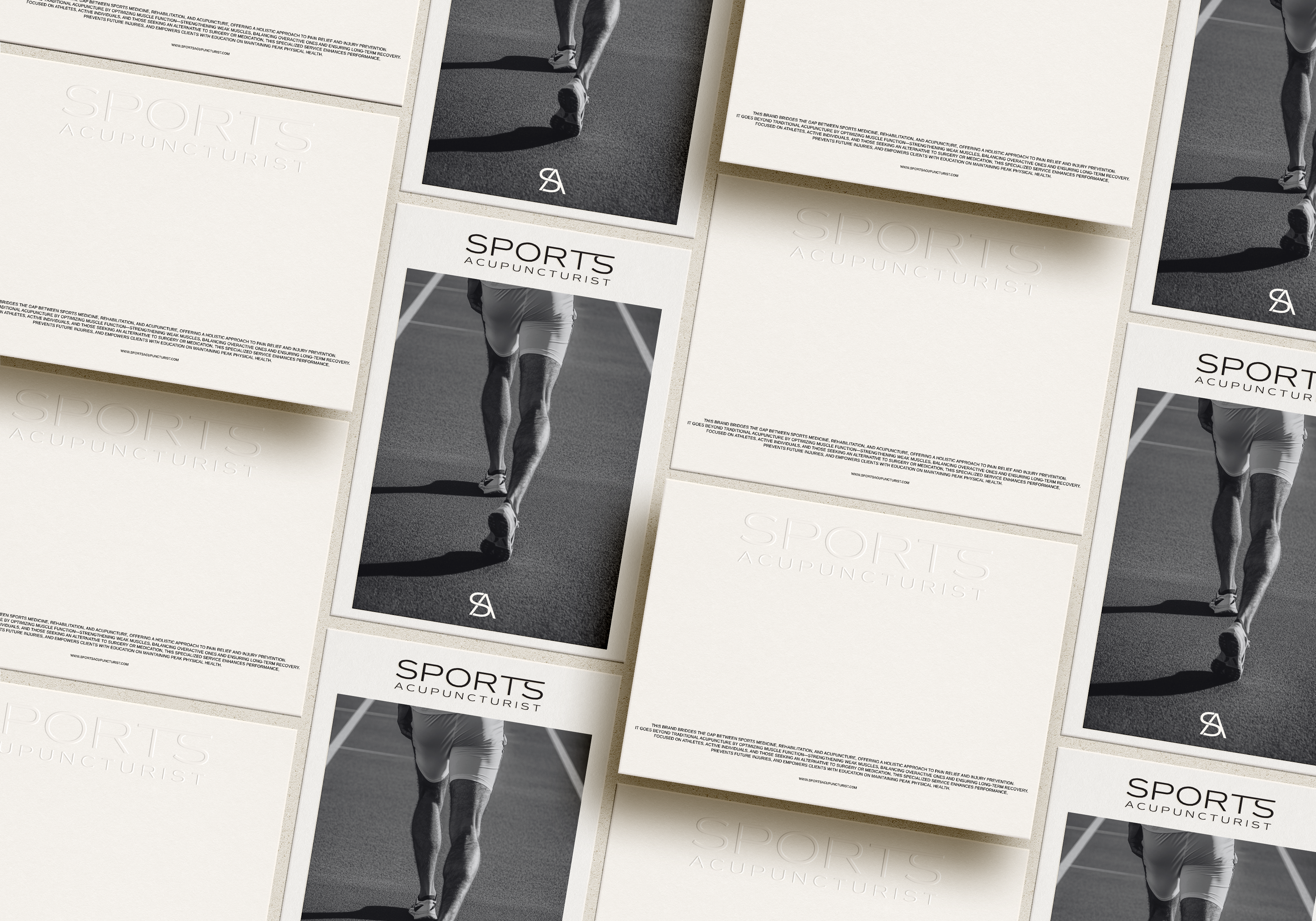 Professional sports acupuncture branding cards displaying dry needling and motor point therapy for athletic performance and injury treatment